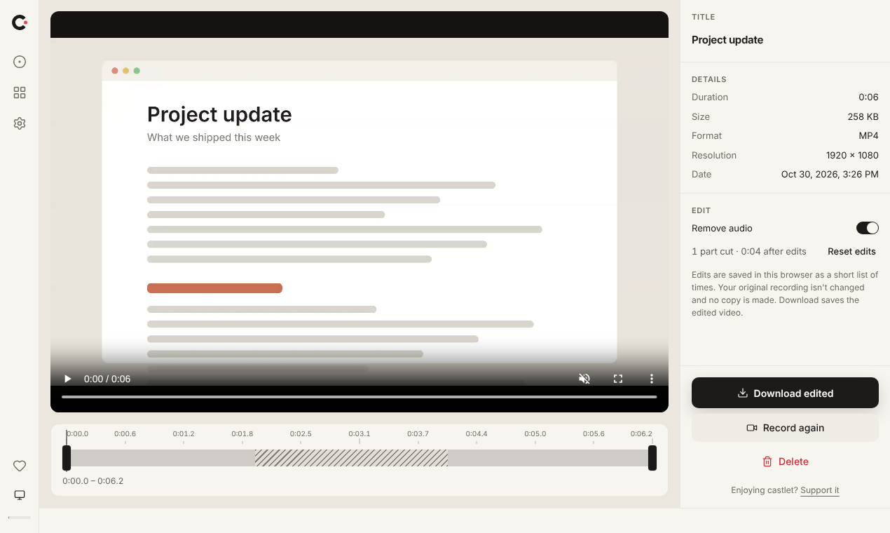 The castlet editor: a recording with one part cut out on the timeline, Remove audio turned on, and a Download edited button.